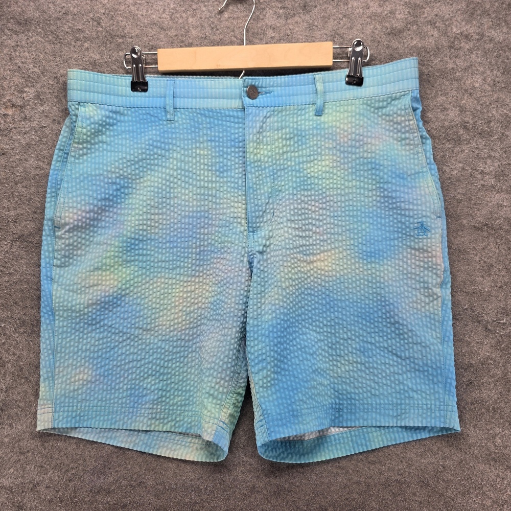 Original Penguin Shorts Mens 34 Blue Chino Check Microfiber Stretch 9 Inseam